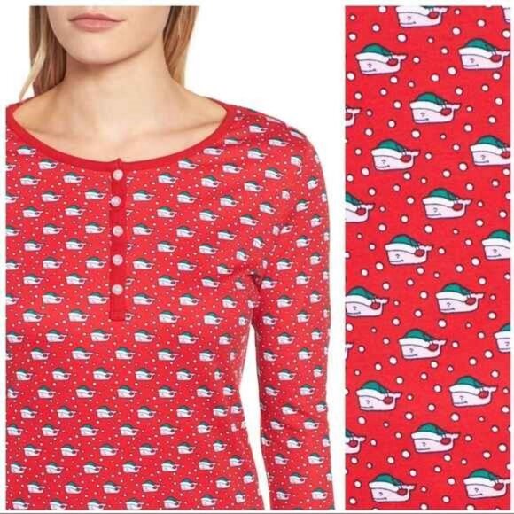 Vineyard Vines Holiday Santa Whales Long Pajama Sleep SET Size M Red Cotton PJs - Picture 2 of 13